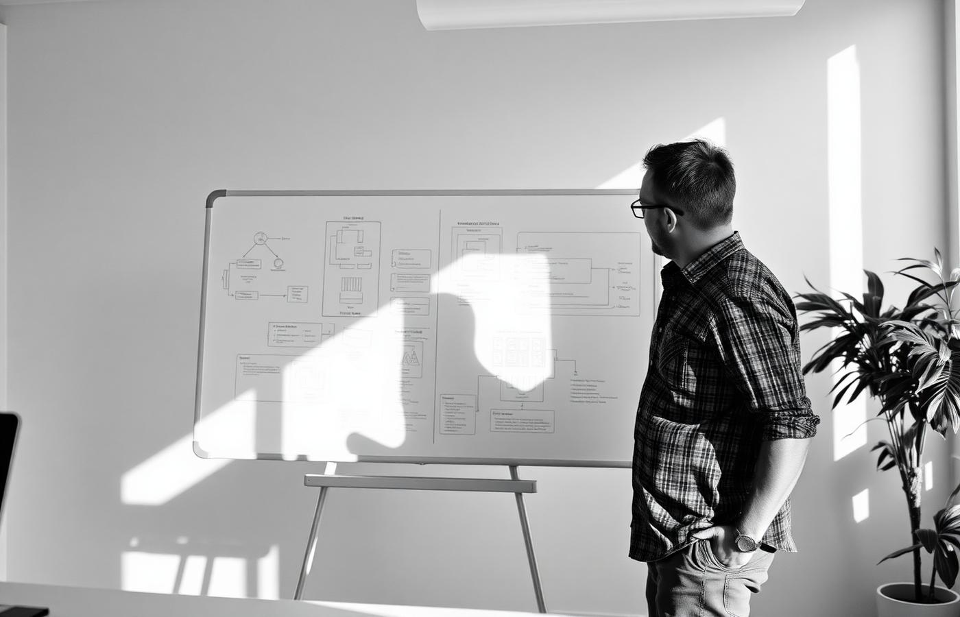 An engineer studying a system architecture diagram on a whiteboard in a bright office